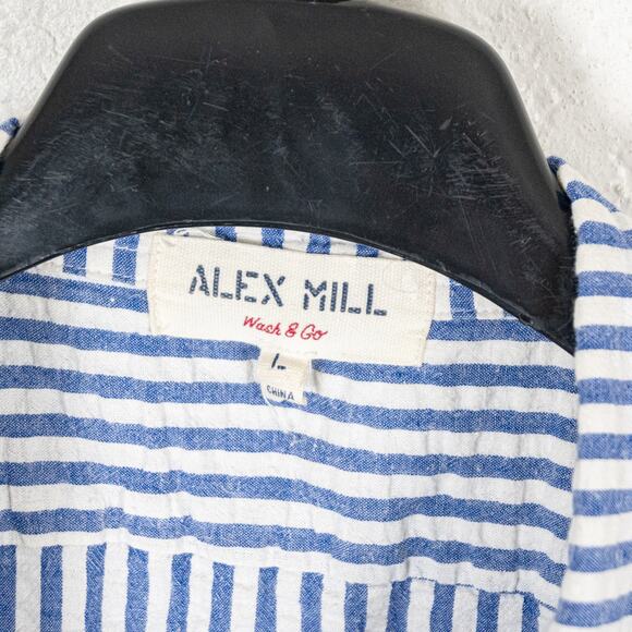 ALEX MILL Men's Seersucker Camp Shirt Blue striped Short Sleeve sz Large - Picture 4 of 7